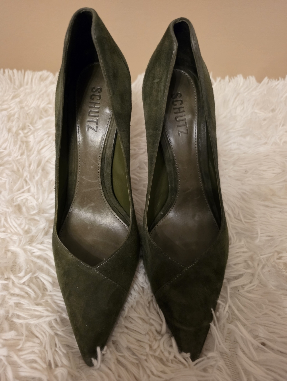 Schutz Olive Green Suede Pointed Toe Pumps